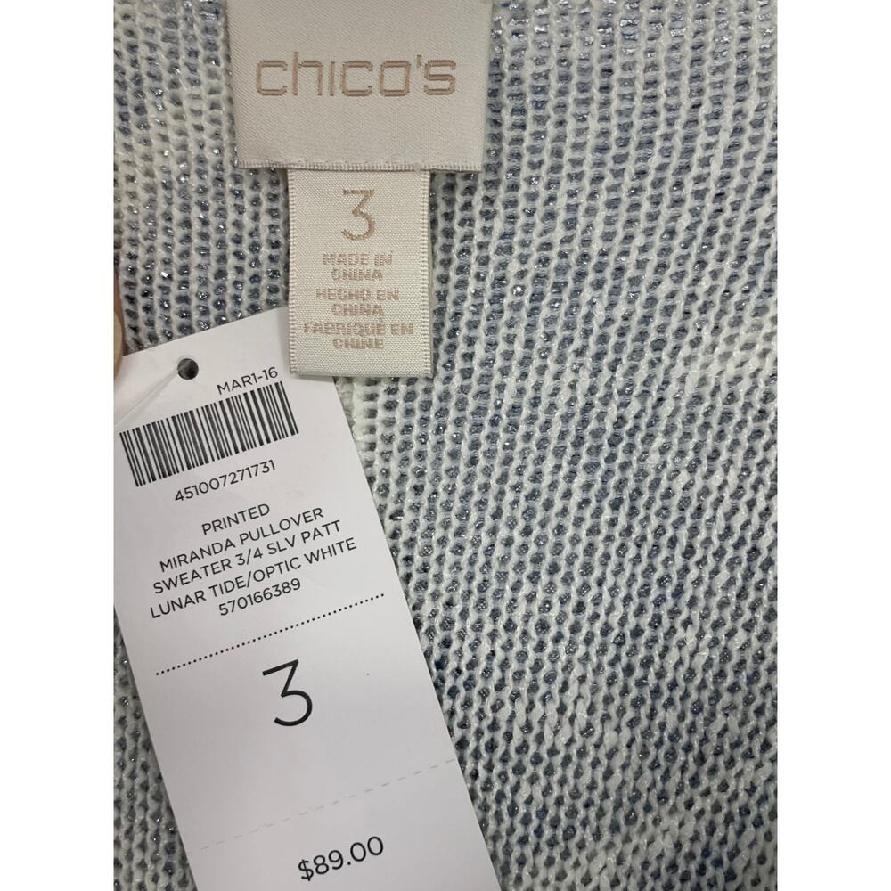 NWT Chico's Miranda Pullover Sweater Size 3 XL Blue White Tropical Print Cotton - Picture 3 of 6